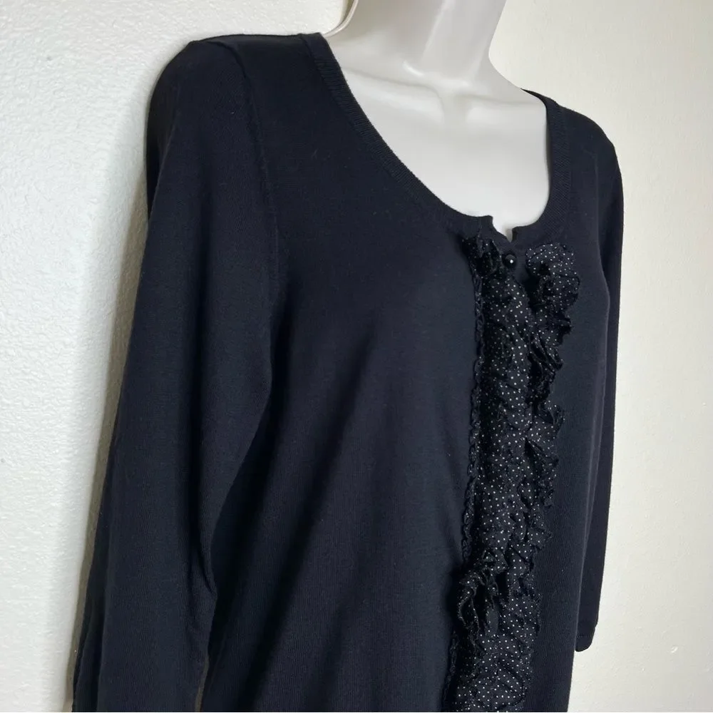 Talbots Silk Blend Button Front Polka Dot Ruffle Black Cardigan Womens Medium